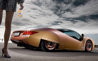 Woman goldcar highheels cloudyroad panpfuturism - shiny free wallpaper