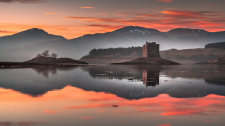 Castle island lake mountains sunset 2 - romanesque free wallpaper
