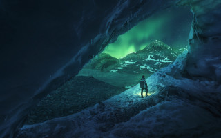 Cave man aurora mountains night - volumetric lighting free wallpaper