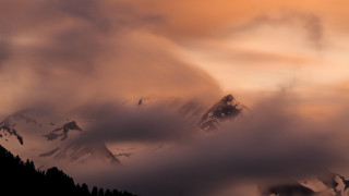 Mountain clouds trees birds dusk - mist free wallpaper
