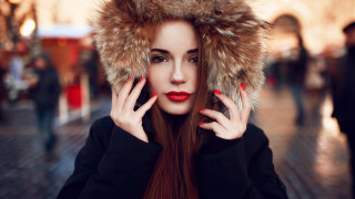 Woman red nails fur hat - her head free wallpaper