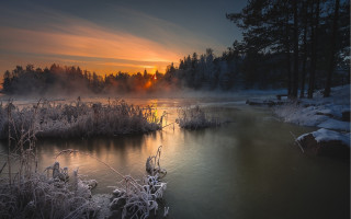 River sunset fog trees snow - artur tarnowski free wallpaper