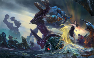 Woman giant robot fantasy light - a yellow light free wallpaper