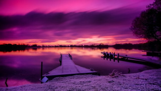 Lake sunset dock snow purple - free sky wallpaper