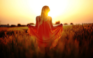 Woman red dress sunset field 2 - sunlight free wallpaper for desktop