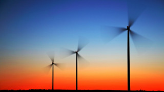Wind turbines sunset blue sky - environmental art free wallpaper