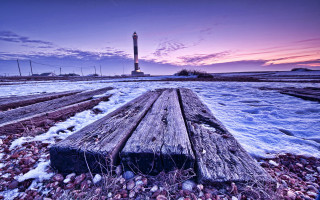 Wooden bench snow lighthouse sunset - ground next free wallpaper