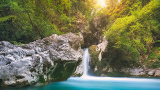 Waterfall blue water forest sunbeam - green tree free wallpaper