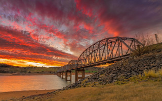 Bridge river red sky grassy - christo free wallpaper