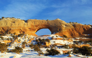 Snow mountain rock arch beach - beautiful landscape free wallpaper