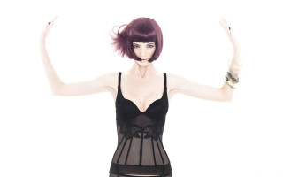 Purple hair black lingerie outstretched - a black lingerie free wallpaper