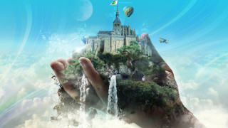Hand waterfall castle sky rainbow 2 - a castle in the sky free wallpaper