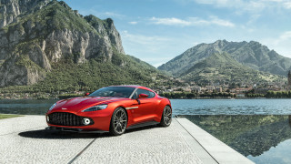 Red sports car lake mountains - synchromism free wallpaper