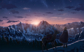 Deer man mountain night sunset - beautiful scene free wallpaper
