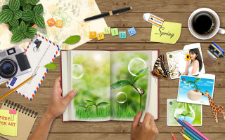 Person holding book camera coffee - storybook illustration free wallpaper for desktop