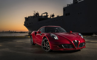 Red sports car ship sunset 2 - a large ship free wallpaper