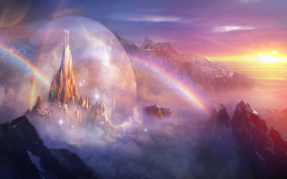 Skycastle rainbow mountains fantasy lightscape - a castle in the sky free wallpaper