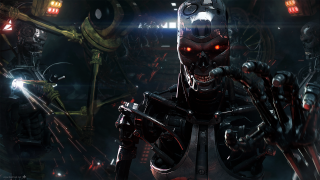 Robot glowing eyes gun dark - cedric peyravernay free wallpaper
