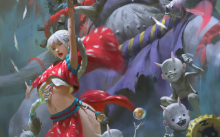 Woman red dress cats dragon - a giant dragon free wallpaper