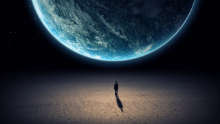 Man desert night blue planet - global illumination free wallpaper