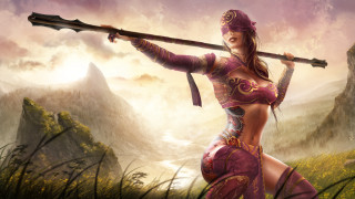 Woman purple sword field mountains - a purple outfit holding free wallpaper for desktop