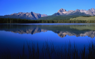 Lake mountains foreground trees bench - tall grass free wallpaper for desktop