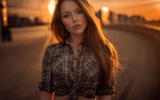 Woman sunset blowinghair plaid shirt - natural free wallpaper