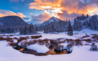 Snowy landscape mountains stream sunset - bob ross free wallpaper