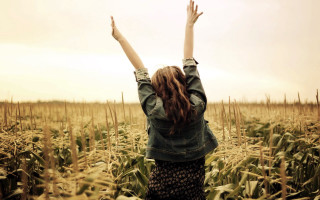 Woman cornfield raising arms outdoors - figuration libre free wallpaper