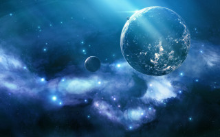 Blue planet two moons starfield - two smaller planet free wallpaper