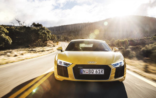 Yellow car mountains road sunset - rim light free wallpaper