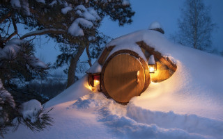 Snowy winter forest house tree - fantasy art free wallpaper