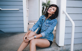 Woman jean jacket wristwatch portrait - her wrist free wallpaper