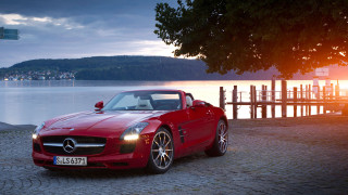 Red sports car cobblestone lake - a lake free wallpaper for desktop