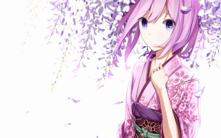 Purple hair pink dress anime - under a tree free wallpaper