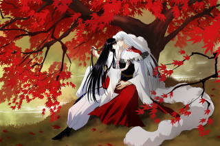 Anime couple fall leaves forest - brian and wendy froud free wallpaper