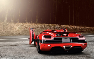 Red sports car forest large - the side of the road next free wallpaper