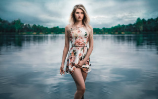 Woman water standing cloudy sky - her pocket free wallpaper