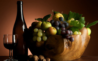 Wooden bowl grapes wine still - caravaggio free wallpaper