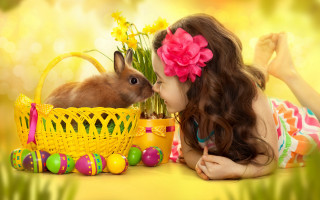 Little girl kissing bunny basket - a little girl free wallpaper