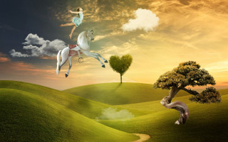 Horse woman flying sunset whimsical - whimsical free wallpaper