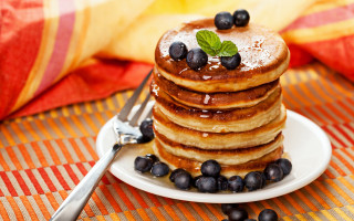 Pancakes blueberries syrup plate fork - a stack of pancakes free wallpaper