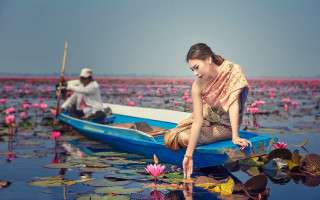 Woman boat lake pinkflowers impressionist - a white hat free wallpaper