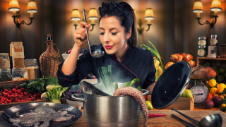 Woman cooking food surrealism bowl - a pot free wallpaper