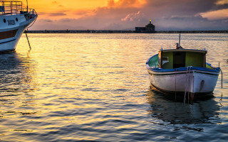 Boats lighthouse sunset water impressionist - constantine andreou free wallpaper