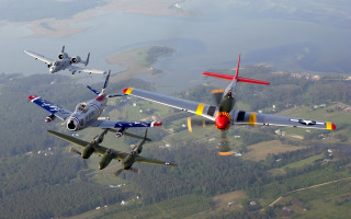 Three airplanes sky town water - art brenner free wallpaper