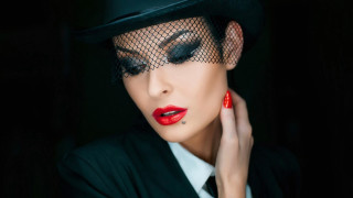 Gothic fashion photorealistic portrait blackhat - red lipstick free wallpaper