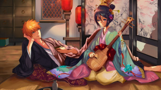 Romantic guitar sitting kimono lantern - a floor free wallpaper