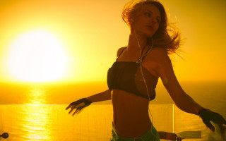 Woman bikini headphones sunset deck - a deck free wallpaper