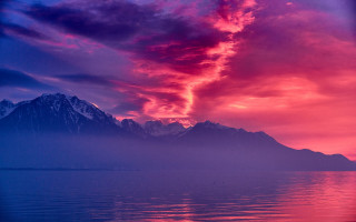 Boat mountain sunset pink blue - sunrise time free wallpaper